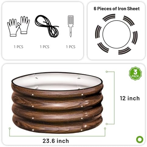 SnugNiture 3 Pcs 2x2x1ft Round Galvanized Raised Garden Bed Kit Outdoor, Metal Planter Box for Planting Plants Vegetables, Brown