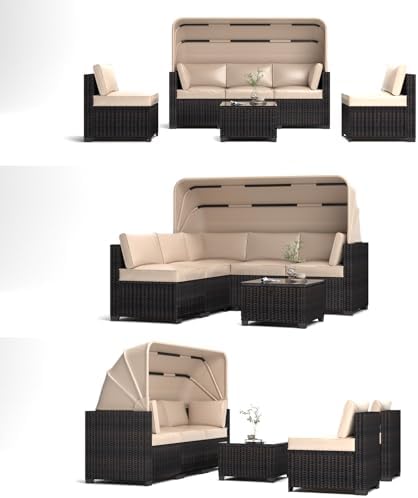 BROVAVE 83" Outdoor Rattan Sofa,6 Pieces Sets Patio Furniture with Retractable Canopy,Sectional Couch with Adjustable Backrest for Backyard,Garden,Poolside,Antique Grey White