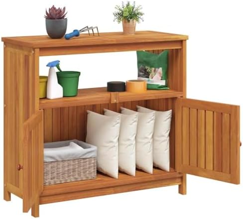 Garden Console Table, Outdoor Storage Cabinet with 2 Doors and 2 Shelves for Patio, Garden, Backyard, 31.5 x 31.5 x 29.5 in Brown Solid Acacia Wood