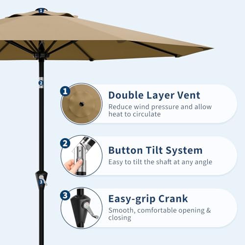 9FT Umbrella Outdoor Patio with Push Button Tilt and Crank, 8 Sturdy Ribs