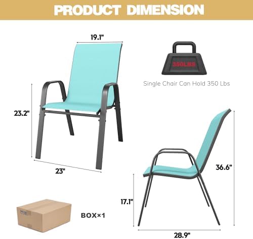 Patio Dining Chairs Set of 4 Outdoor Stackable Dining Chairs for All Weather 350lbs Capacity Heavy Duty Textilene Fabric Rustproof Metal Frame Patio Furniture for Backyard Garden Poolside (Blue green)