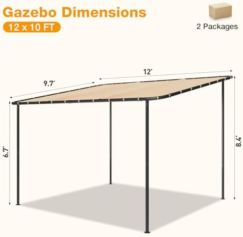 10x12 Lean to Pergola Outdoor Gazebo with Water Resistant & UV-Resistant, Sloped Roof Awning Wall-Mounted Canopy for Patio Backyard, Deck, or Garden Khaki