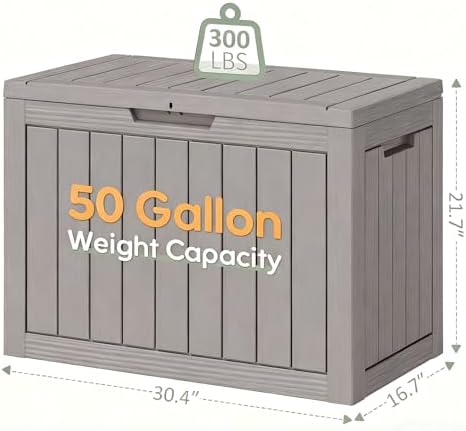 Waterproof Outdoor Storage Box, Resin Patio Bin,50 Gal,Grey