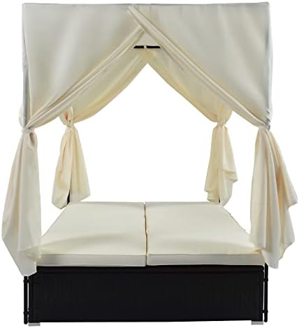 Wicker Metal Outdoor Patio Daybed with Canopy, Outside Poolside Chaise