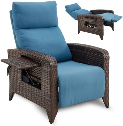 ZZW Upgraded Outdoor Recliner Chair, Reclining Patio Chairs with Adjustable Back up to 150°Lay Flat and Extended Footrest, Wicker Recliner Chairs with Flip Table and Removable Olefin Cushion