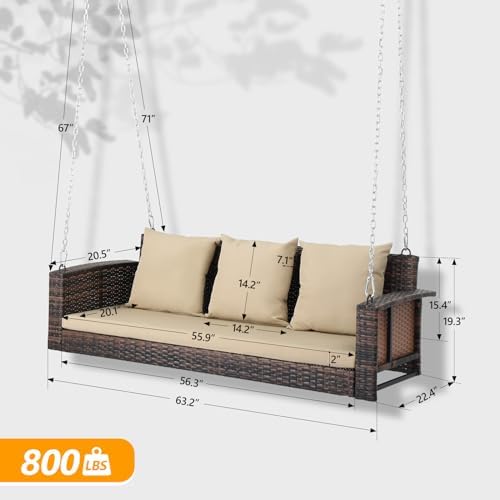 VINGLI 5FT Wicker Swing, Rattan Porch Swing, Outdoor Hanging Seat, Brown