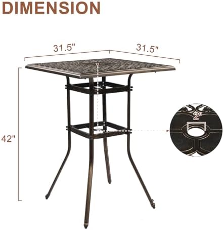 Outdoor Bar Height Patio Table, All-Weather Cast Aluminum Square Bistro Table with 2" Umbrella Hole for Porch, Balcony, Backyard & Garden, Antique Bronze