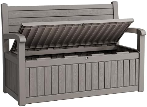 80 Gallon Lockable Deck Bench with Storage, Resin Stripes Outdoor Storage Box, Waterproof Outdoor Porch Bench for Patio Pool and Cushions Garden Tools, Grey