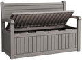 80 Gallon Lockable Deck Bench with Storage, Resin Stripes Outdoor Storage Box, Waterproof Outdoor Porch Bench for Patio Pool and Cushions Garden Tools, Grey