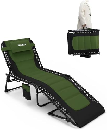 Outdoor Folding Lounge Chair Padded for Adults 264Ibs Patio Chaise Lounge Chair for Outside Adjustable 5-Position Reclining Beach Chair with Pillow Pocket