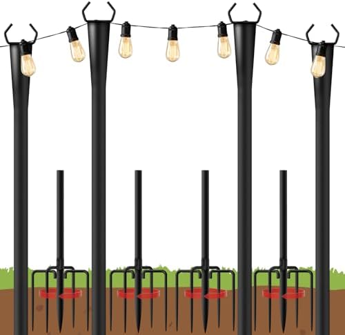 10Ft String Light Poles 4 Pack for Outside, Metal Outdoor Light Poles with 5 Prongs for Garden Patio Backyard Deck, Fence Bracket Hanging Light for Party Wedding Decor