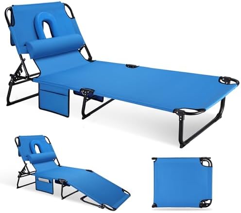 3-in-1 Sun Tanning Chair with Face Holes, Folding Chaise Lounge Chairs, 5-Position Adjustable Lounge Chair Outdoor with 2 Side Pocket & Pillow, for Pool Beach, Patio, Camping, Blue
