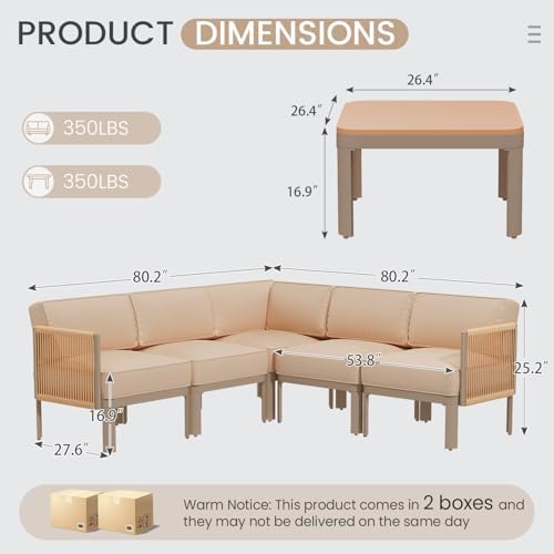 EROMMY 6-Piece Patio Sectional Sofa Set, 6" Thick Cushions, Beige