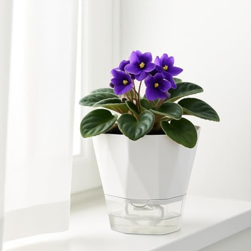 2 Pack Self Watering Pots for Indoor Plants, 8.4 Inches Self Watering Planters Large African Violet Self Watering Clear Pots for Plants Large Herb Orchid Flower Houseplant Pots, White