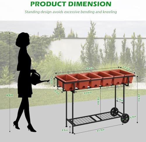 Vrisa Elevated Raised Garden Bed Outdoor with Legs 43x17x29 in Plastic Standing Planter Box with Storage Shelf and Wheels Vegetables Herbs Flowers Gardening Boxes for Backyard, Patio, Balcony, Black