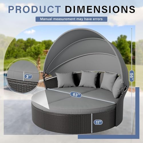 Patio Round Daybed with Canopy, Outdoor Wicker Rattan Sectional Sofa Set with Cushions, Patio Conversation Set for Backyard, Porch, Pool (Black)