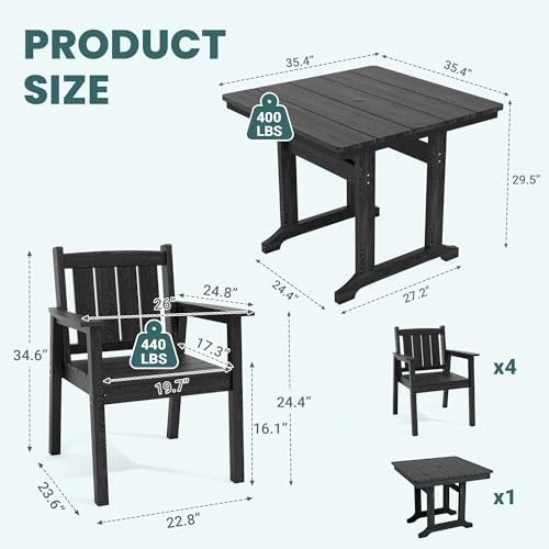 Pamapic Patio Dining Table Set, 5-Piece Outdoor Dining Set for 4, Black