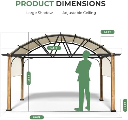 10' X 13' Outdoor Pergola with Retractable Canopy, Wood Grain Metal Patio Pergola Shade, Aluminum Pergola for Deck, Backyard, Garden, Poolside