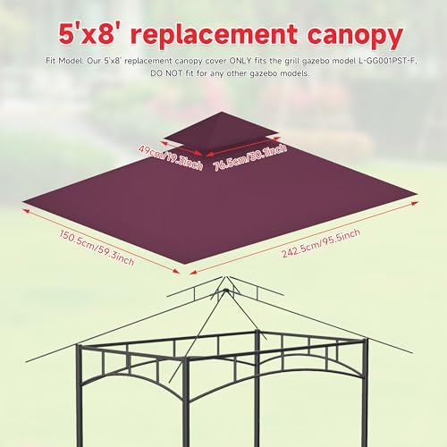 Gazebo Canopy Replacement Top - Grill Gazebo Replacement Canopy Roof – 5x8 Outdoor Grill Shelter Canopy Top Double Tiered BBQ Tent Cover (Claret)
