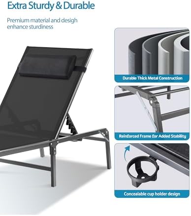 2 Pack Foldable Chaise Lounge Chair with Cup Holder, Assemble-Free