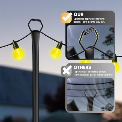 10Ft String Light Poles 6 Pack,Light Poles for Outside Lights,Outdoor with Fence Brackets Hanging Lights,Metal Stand Deck Patio Backyard