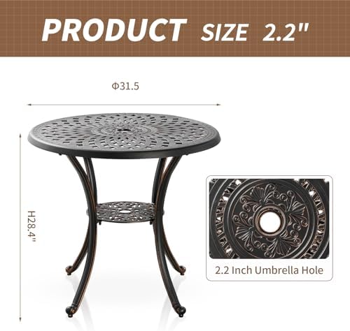 31" Round Patio Dining Table with Umbrella Hole, Cast Aluminum Bistro Table Outdoor Side Table for Backyard, Garden, Patio, Porch
