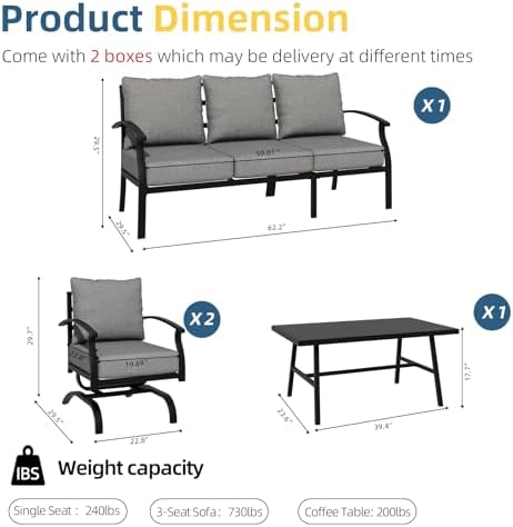ALAULM 4 Piece Patio Furniture Set,Outdoor Metal Patio Furniture with Coffee Table & Rocking Chairs Conversation Set for Porch,Backyard,Poolside, Garden-Grey