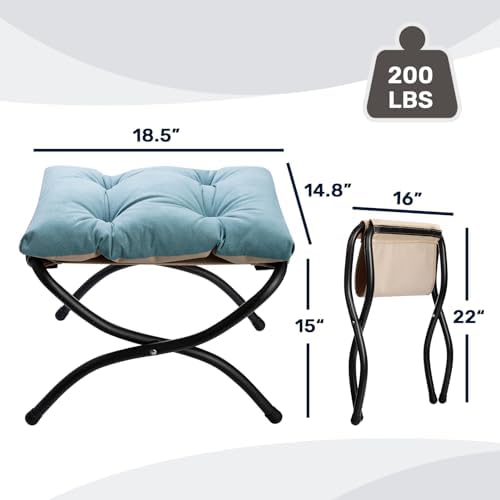 HollyHOME 15"(H) Folding Footrest Stool, Upholstered Small Foldable Ottoman, Accent Padded Sofa Foot Stool for Lazy Chair, Metal Frame Portable Foot Rest Ottoman for Home, Living Room, Bedroom, Blue