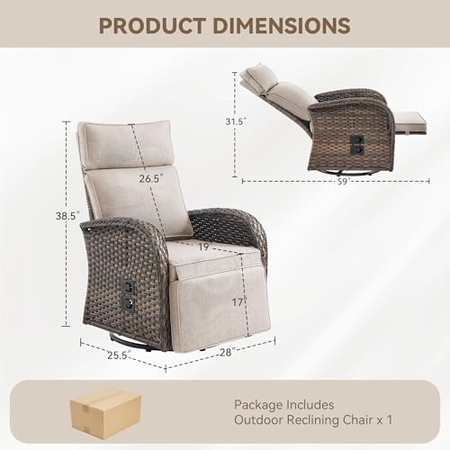 Zero Gravity Patio Swivel Recliner Chair - Wicker Outdoor Lounge Chair with Adjustable Backrest & Footrest, All Weather Reclining Rocker Chairs with Thick Cushion for Pool Deck Beige