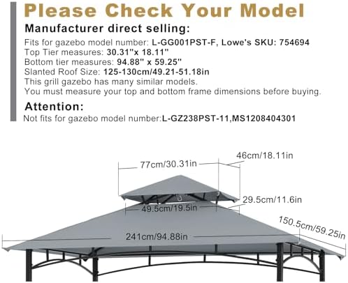 ABCCANOPY Grill Gazebo Canopy Replacement - 5x8 Double Tiered BBQ Canopy Top Cover for #L-GG001PST-F, Outdoor Grill Tent Roof (Gray)