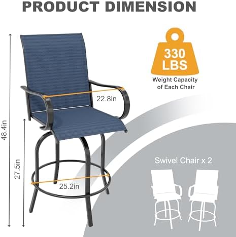 Outdoor Swivel Bar Stools Set of 2, Bar Height Patio Chairs with High Back & Armrest, All-Weather Textilene Fabric 360° Swivel Tall Barstools for Patio, Deck, Backyard, Garden