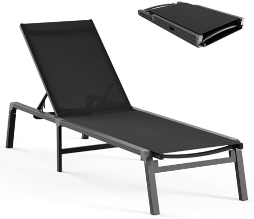 Ciokea Aluminum Chaise Lounge Ourdoor, Foldable & Assemble Free Outdoor Lounge Chair with 5 Adjustable Backrest, Patio Lounge Chair for Outside Poolside Beach Pool, Black