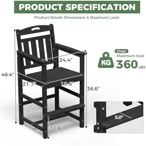 HDPE Outdoor Patio Tall Bar Chair, All-Weather Bar Height Balcony