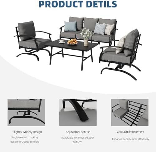 ALAULM 4 Piece Patio Furniture Set,Outdoor Metal Patio Furniture with Coffee Table & Rocking Chairs Conversation Set for Porch,Backyard,Poolside, Garden-Grey