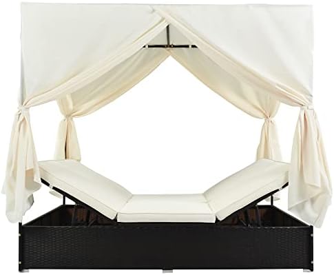 Wicker Metal Outdoor Patio Daybed with Canopy, Outside Poolside Chaise