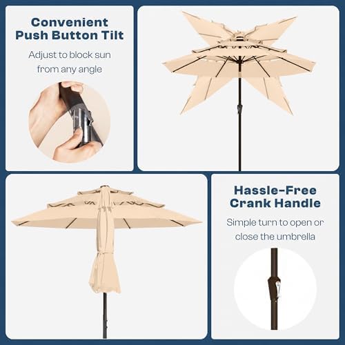 10ft 3 Tier Patio Umbrella, Outdoor Market Table Umbrella with UPF 50+ Vented Canopy, 8 Sturdy Ribs, Easy Push Button Tilt and Crank, Windproof for Deck, Pool, Backyard and Garden
