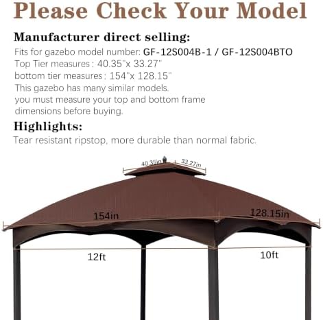 SCOCANOPY Replacement Cover Compatible with Lowe's Allen Roth 10X12 Gazebo Model #GF-12S004B-1/ GF-12S004BTO/TPGAZ17-002C，(Brown)