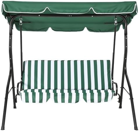 3-Seat Outdoor Patio Porch Swing with Stand, Adjustable Canopy & Thick Waterproof Cushions, Steel Frame Swing Outdoor Chair for Backyard, Front Porch, Lawn, Garden