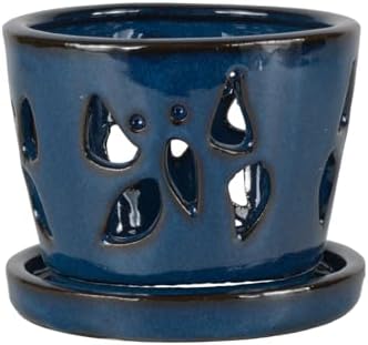 W&W Orchid Pot with Holes and Saucer for Repotting, Blue, 5 Inch