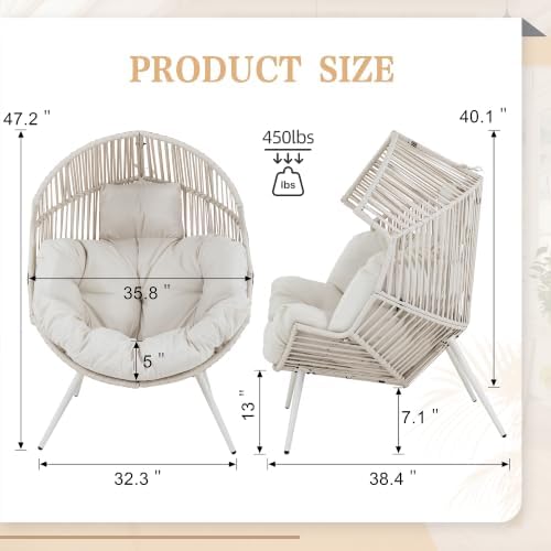 Vongrasig Outdoor Wicker Egg Chair PE Rattan Chair with Cushion, Oversized Patio Lounge Chair for Outdoor, Indoor, Balcony, Backyard, Garden, Beige/Rattan