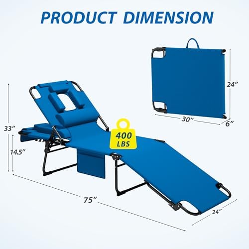 Folding Tanning Chair with FaceHole,5 Adjustable Positions, Blue