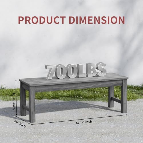 Psilvam 47" HDPE Outdoor Bench for 2-Person, 700 LBS Capacity, Light Grey