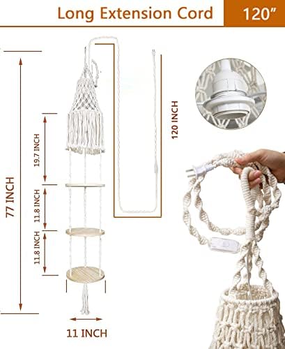 YKBU Macrame Plant Hanger Shelf Hanging Rope Shelf Indoor with Boho Lamp Shade 3 Tier Floating Round Shelves Decorative Shelf Flower Pot Holder Planter Display Rack Boho Home Decor-1 Set