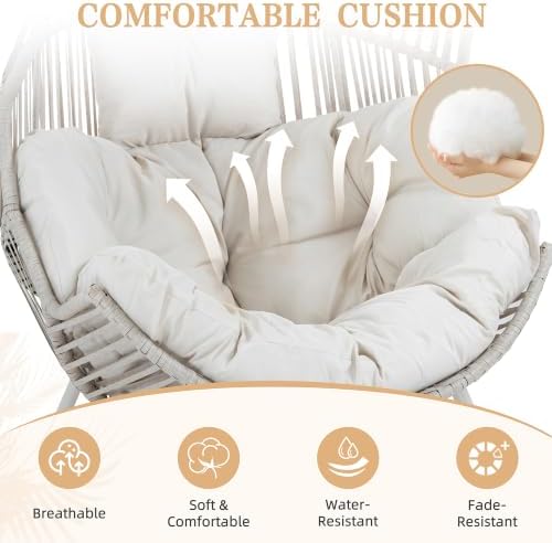 Vongrasig Outdoor Wicker Egg Chair PE Rattan Chair with Cushion, Oversized Patio Lounge Chair for Outdoor, Indoor, Balcony, Backyard, Garden, Beige/Rattan