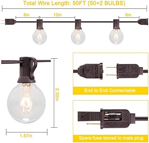 G40 Outdoor String Lights, 50Ft Hanging Outdoor Patio Lights with 53 Clear Globe Bulbs (3 Spare), Connectable Backyard Lights for Indoor Outdoor Porch Balcony Party Commercial Decoration- Brown Wire