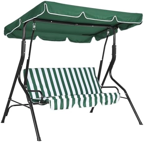 3-Seat Outdoor Patio Porch Swing with Stand, Adjustable Canopy & Thick Waterproof Cushions, Steel Frame Swing Outdoor Chair for Backyard, Front Porch, Lawn, Garden