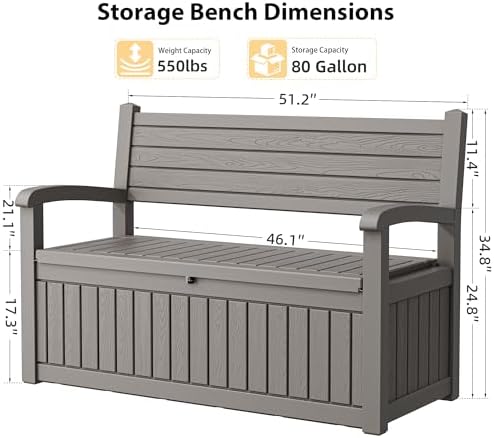 80 Gallon Lockable Deck Bench with Storage, Resin Stripes Outdoor Storage Box, Waterproof Outdoor Porch Bench for Patio Pool and Cushions Garden Tools, Grey