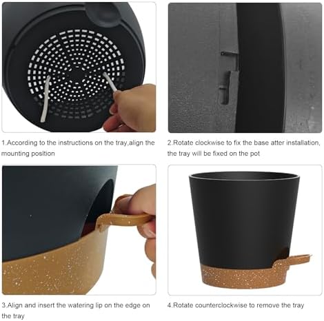 12 inch Large Self Watering Pots for Indoor Plants, Plastic Planters Pots with Multi-Mesh Drainage Holes and Saucer, Flower Pot for Indoor and Outdoor Garden Plants (Black with Brown)