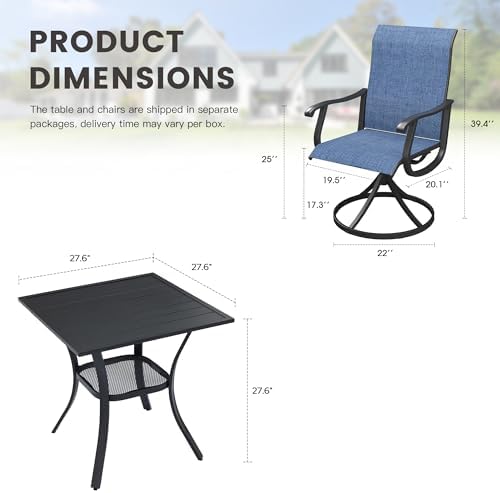 Outdoor Dining Set for 2, 28" Metal Square Outdoor Dining Table and Sling Patio Swivel Chairs, 3 Pieces Patio Table and Chairs Set for Garden Backyard, Dark Blue and Black