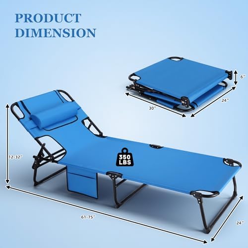 3-in-1 Sun Tanning Chair with Face Holes, Folding Chaise Lounge Chairs, 5-Position Adjustable Lounge Chair Outdoor with 2 Side Pocket & Pillow, for Pool Beach, Patio, Camping, Blue